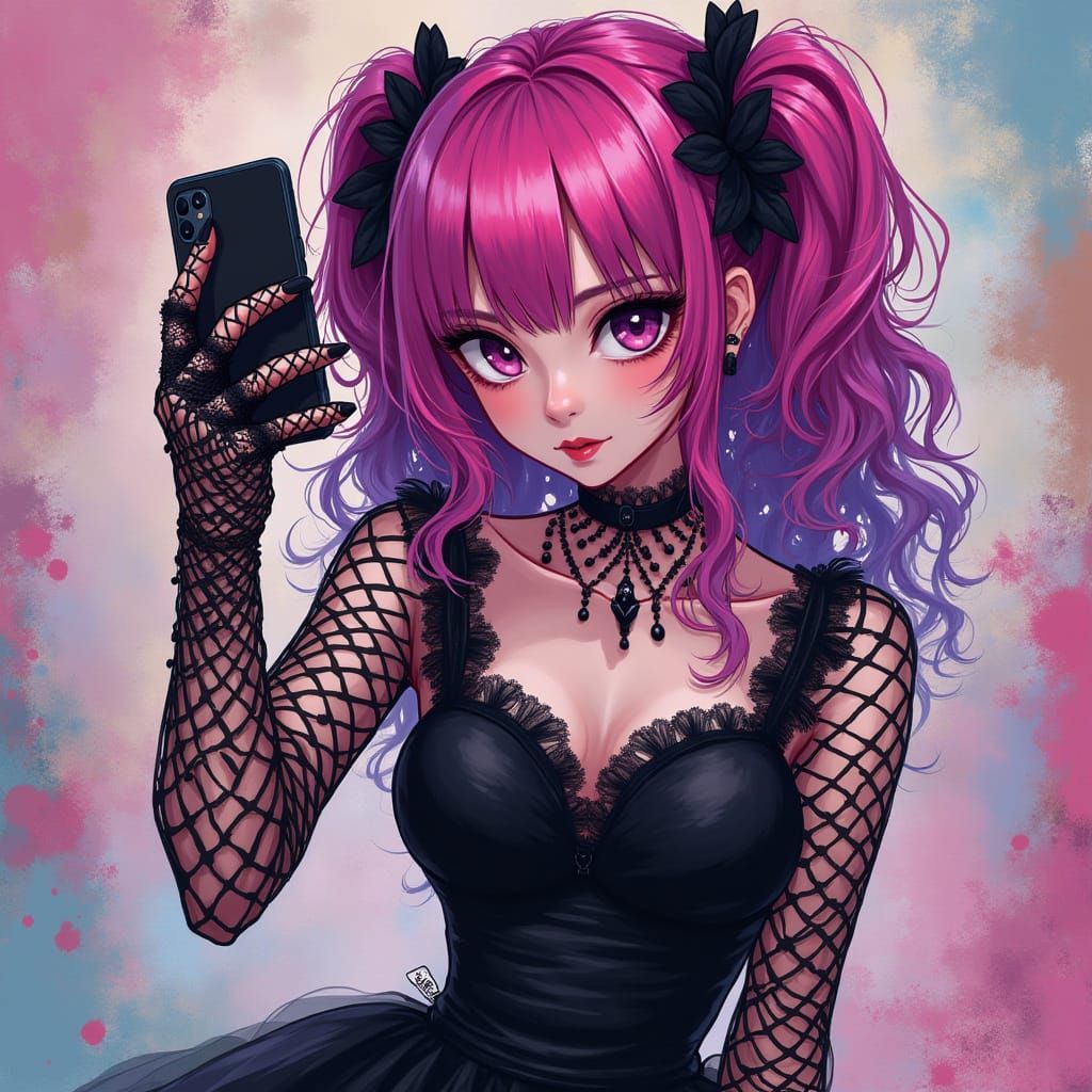 Goth Anime Girl Selfie in Painterly Digital Art