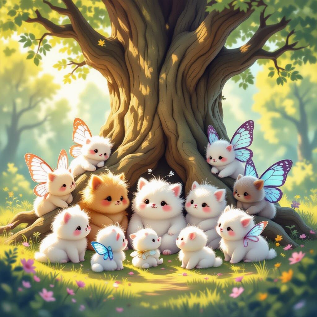 Cute Fluffy Creatures with Butterfly Wings at Ancient Tree