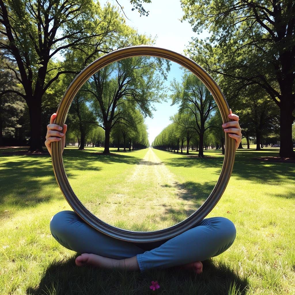 Mirror Portal: Woman Blends with Park Scenery
