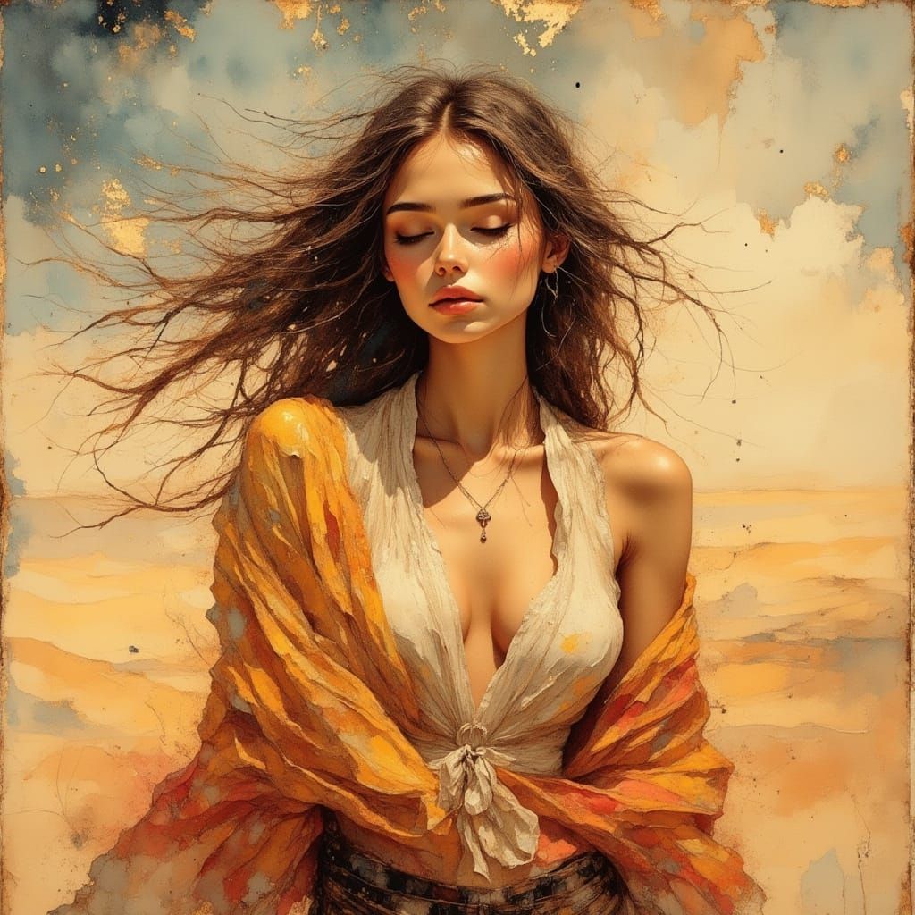 Desert Woman with Silk Shawl in Painterly Realism