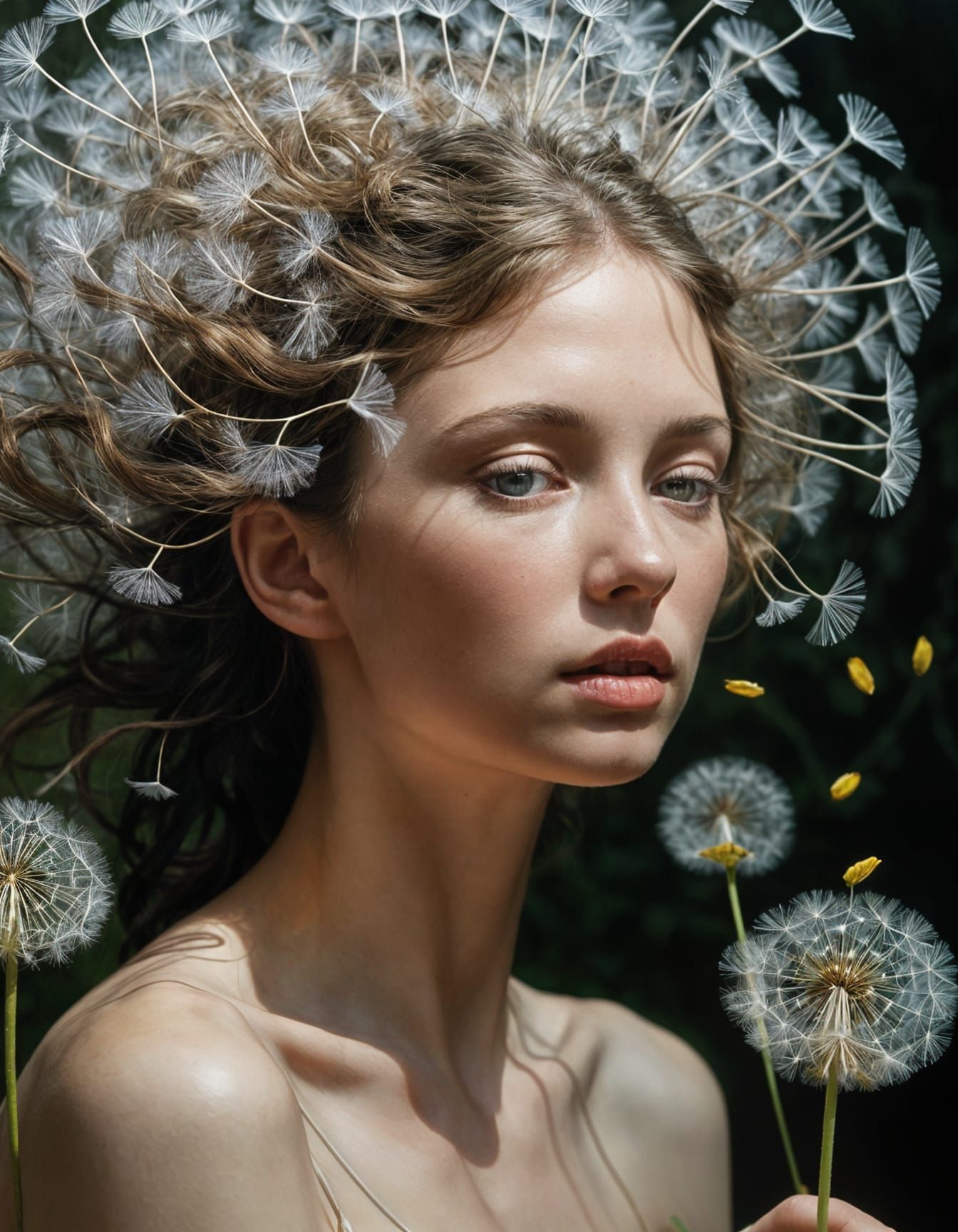 Ethereal Dandelion Goddess in Enchanted Forest