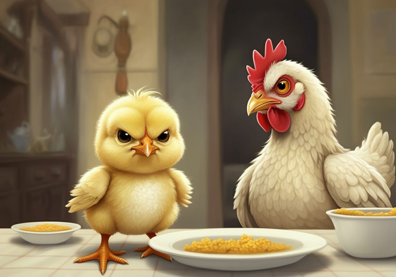 Grumpy Chick Refuses Corn at Dinner Table