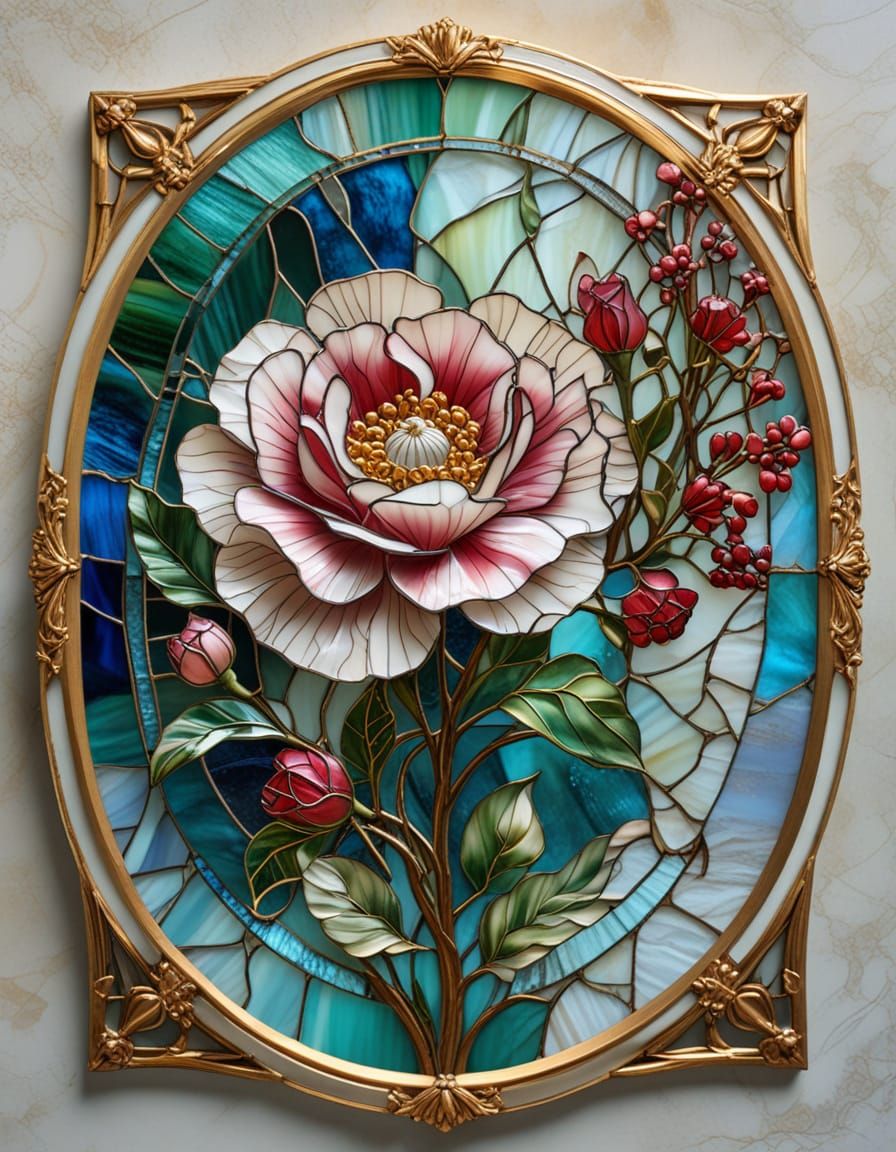 Stained Glass Artwork of Moss Roses and Baby's Breath