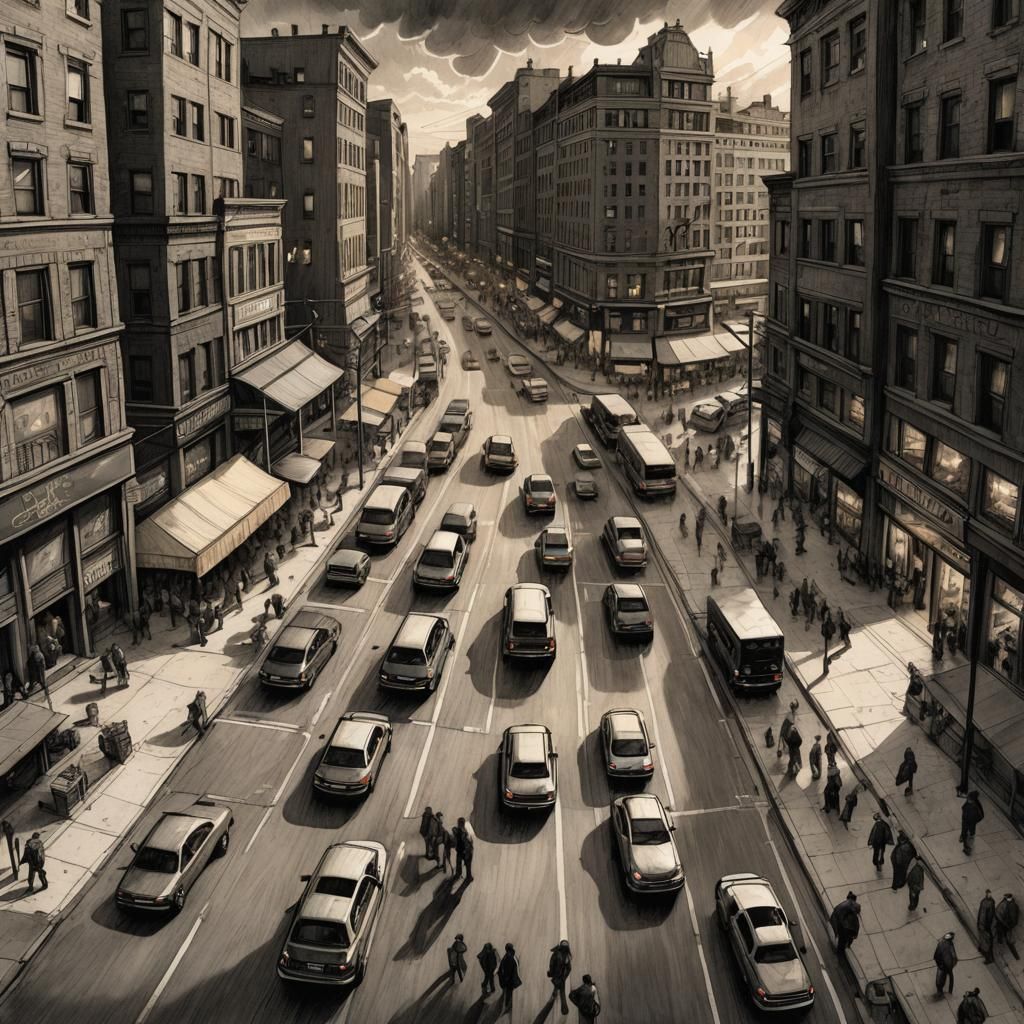 Doodle Art of Busy Downtown Street Scene