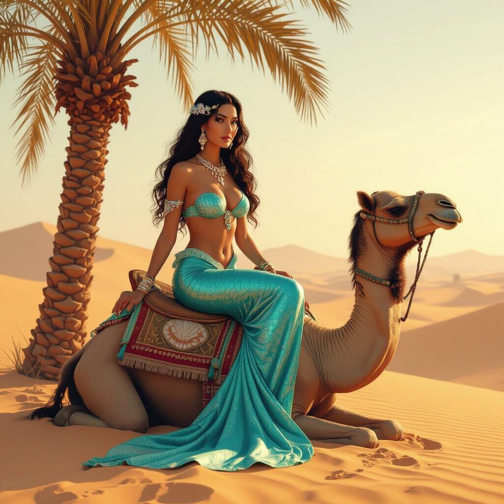 Mermaid on Camel in Desert Oasis