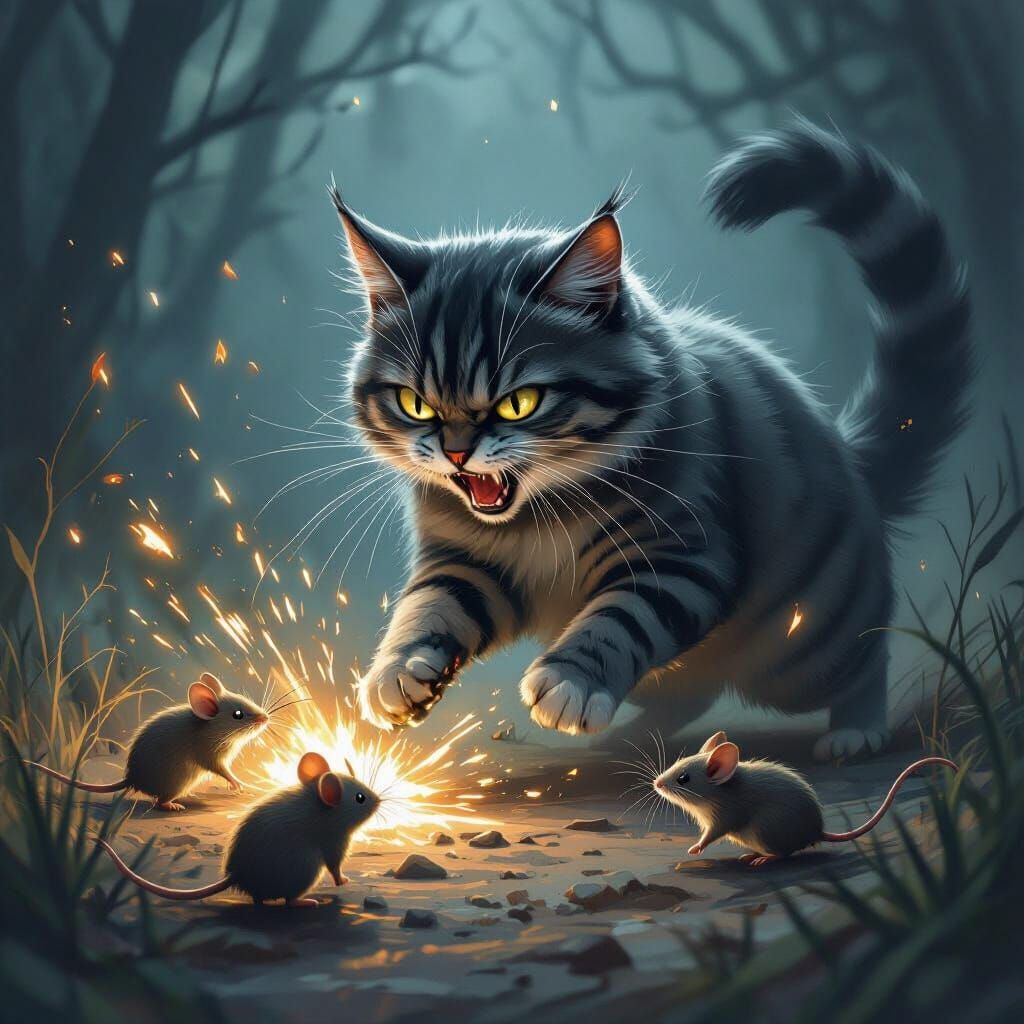 Fierce Cat Battle with Mice in Eerie Darkness