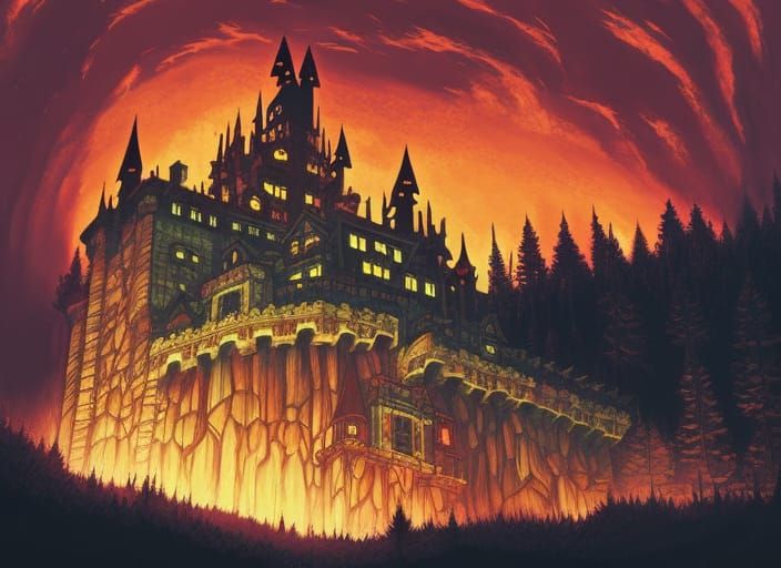 Gothic Castle on Cliffside During Forest Fire: Anime Style
