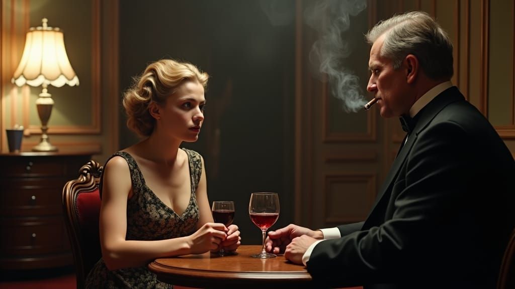 Tense Film Noir Scene in Dimly Lit Apartment