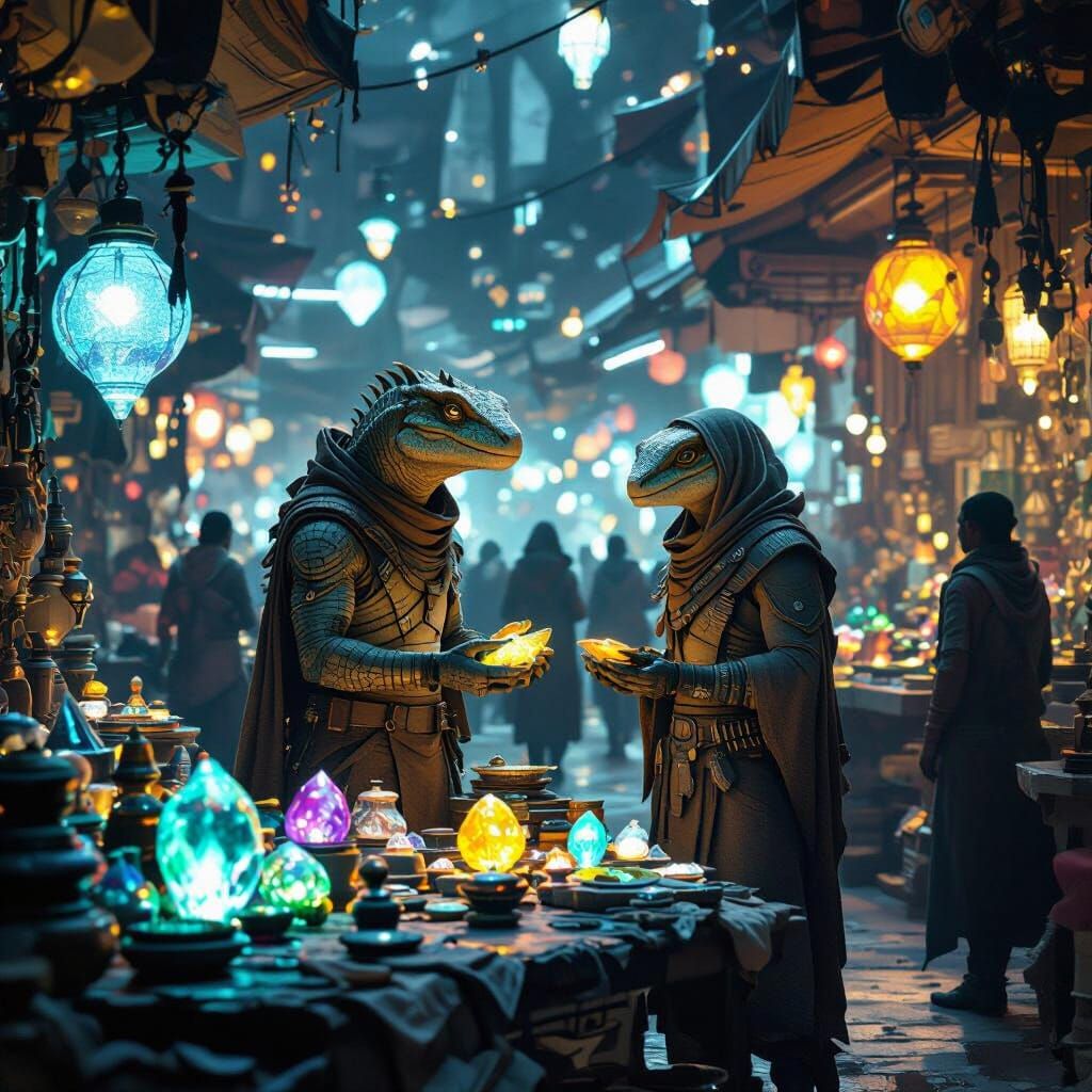 Alien Reptile Merchant in Futuristic Bazaar
