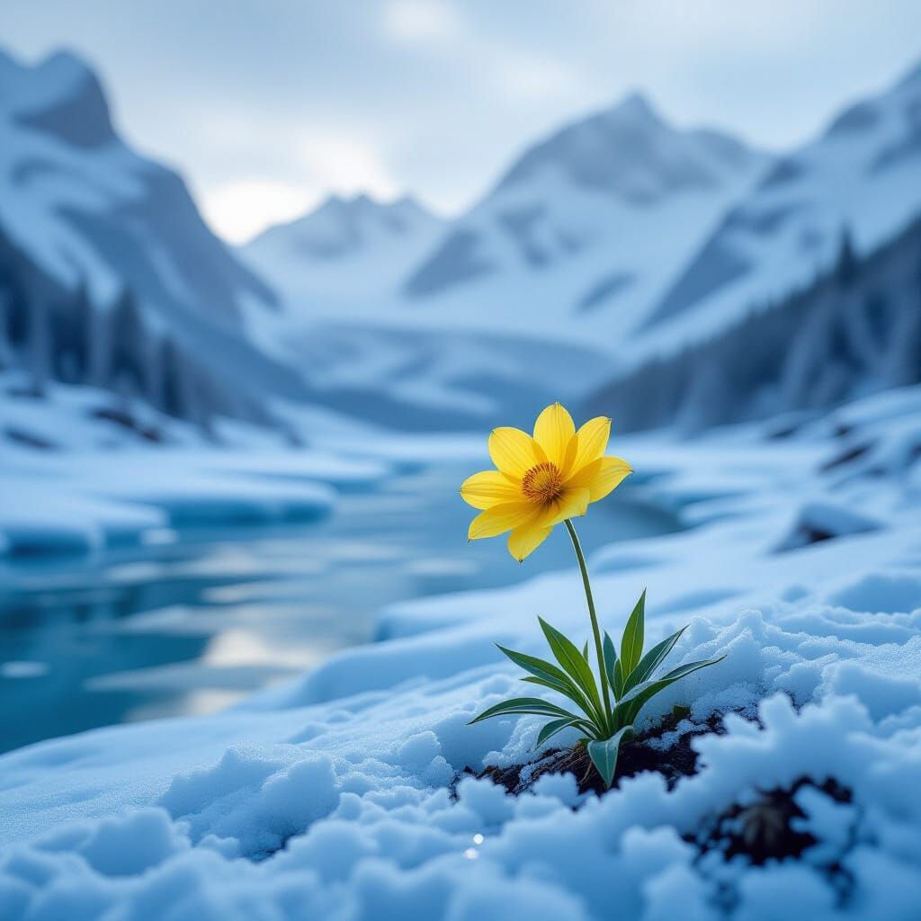 Surreal Yellow Flower on Icy Mountain Landscape