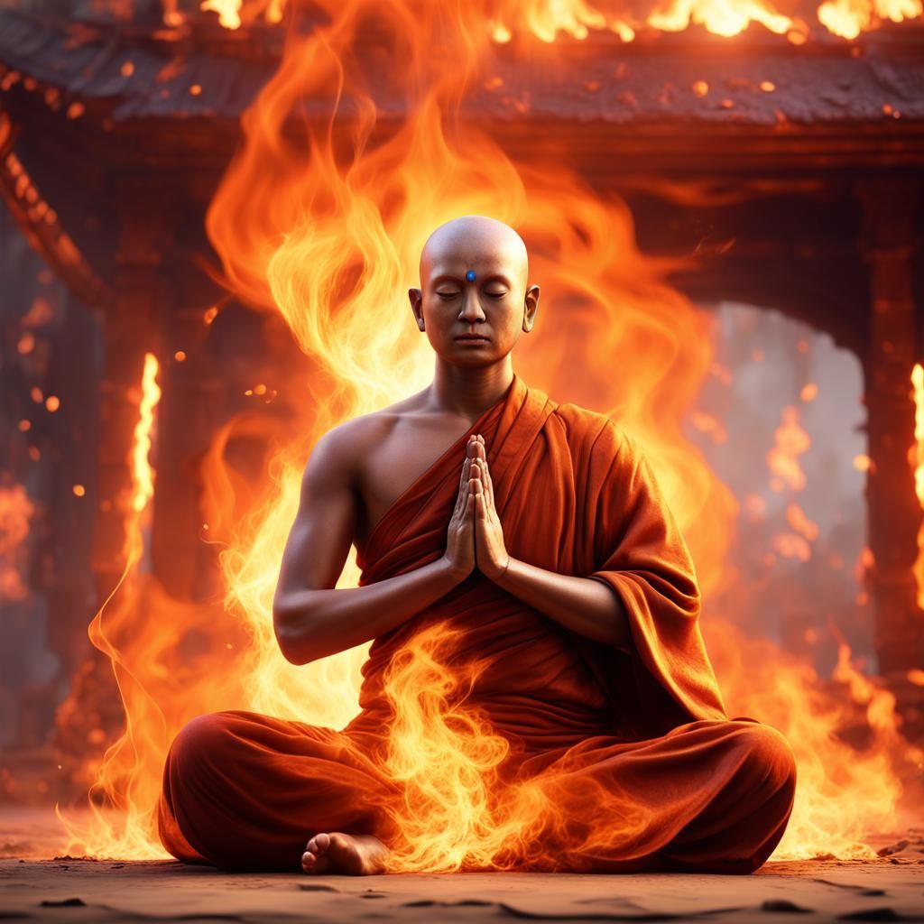 Burning Monk in Yoga Pose: Fantasy Concept Art