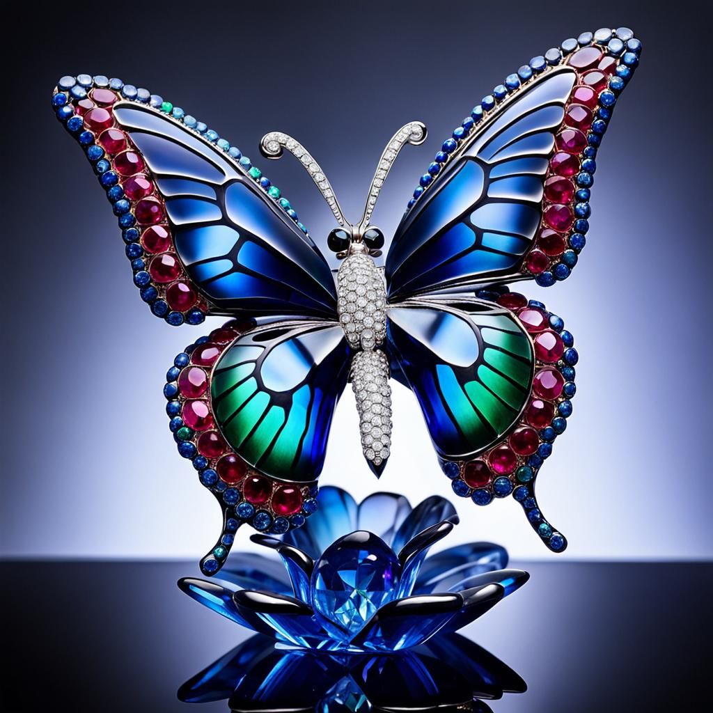 Crystal Butterfly Figurine in Gemstones, Photorealistic Styl...