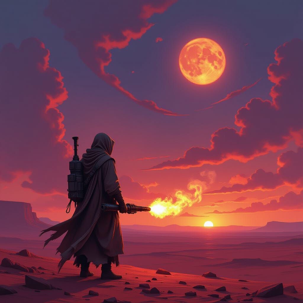 Wanderer Gazing at Binary Sunset: Atmospheric Sci-Fi Art