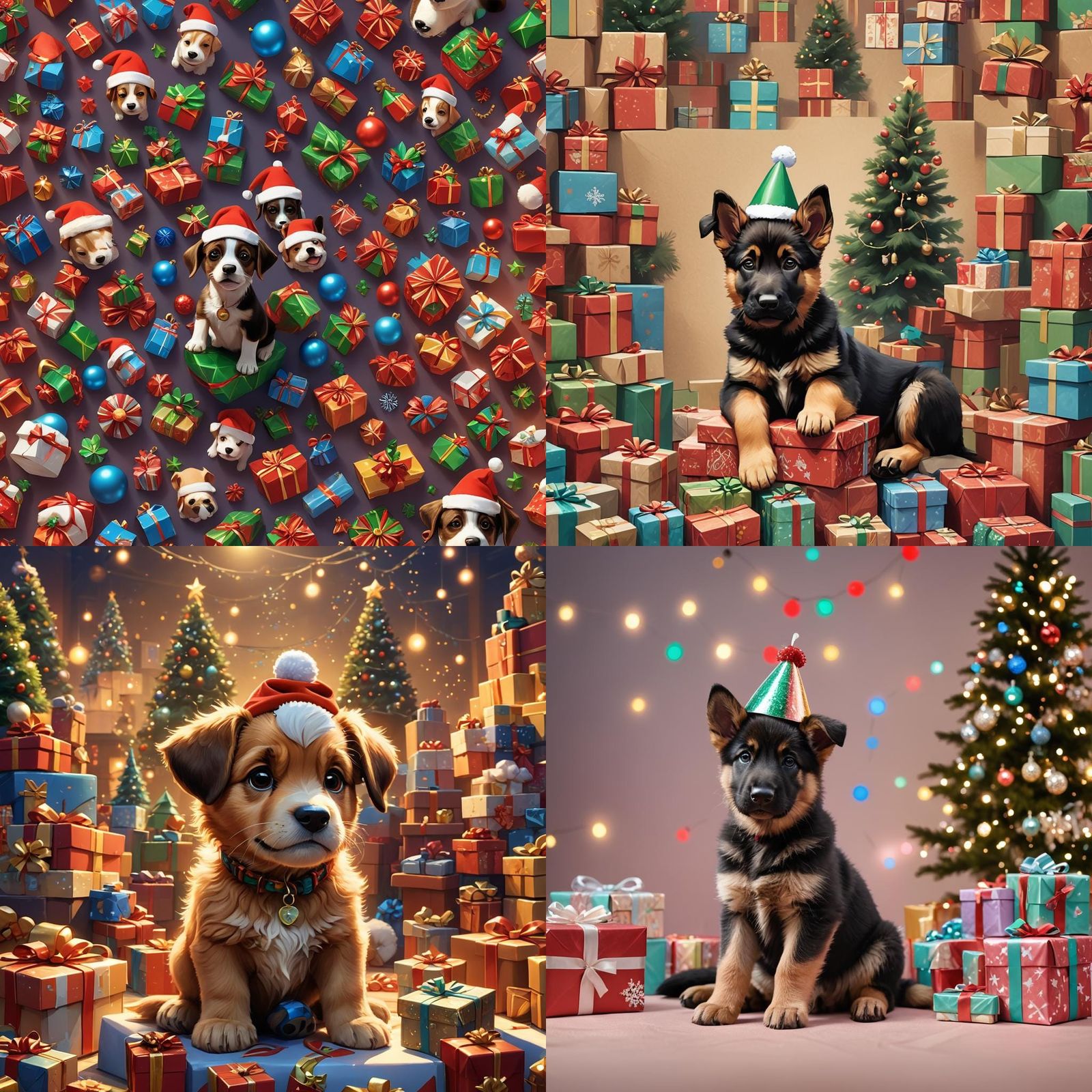 German Shepherd Puppy in Christmas Hat: 3D Art