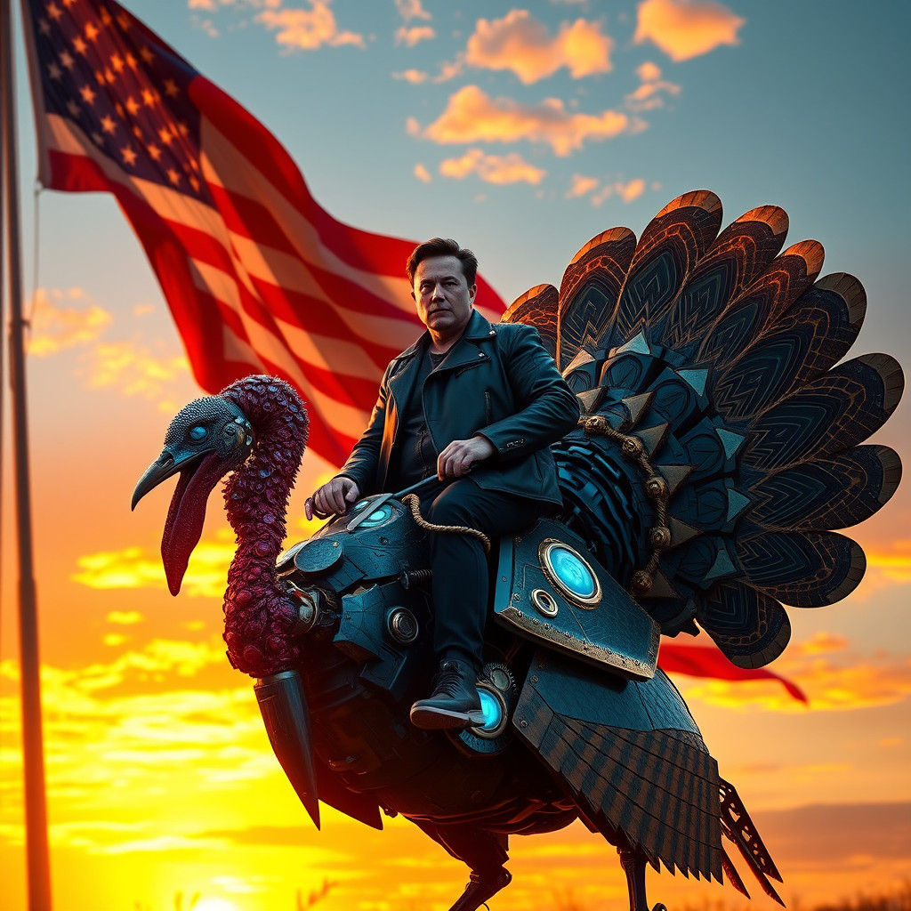 Mechanical Turkey Ride Under American Flag in Art Nouveau St...