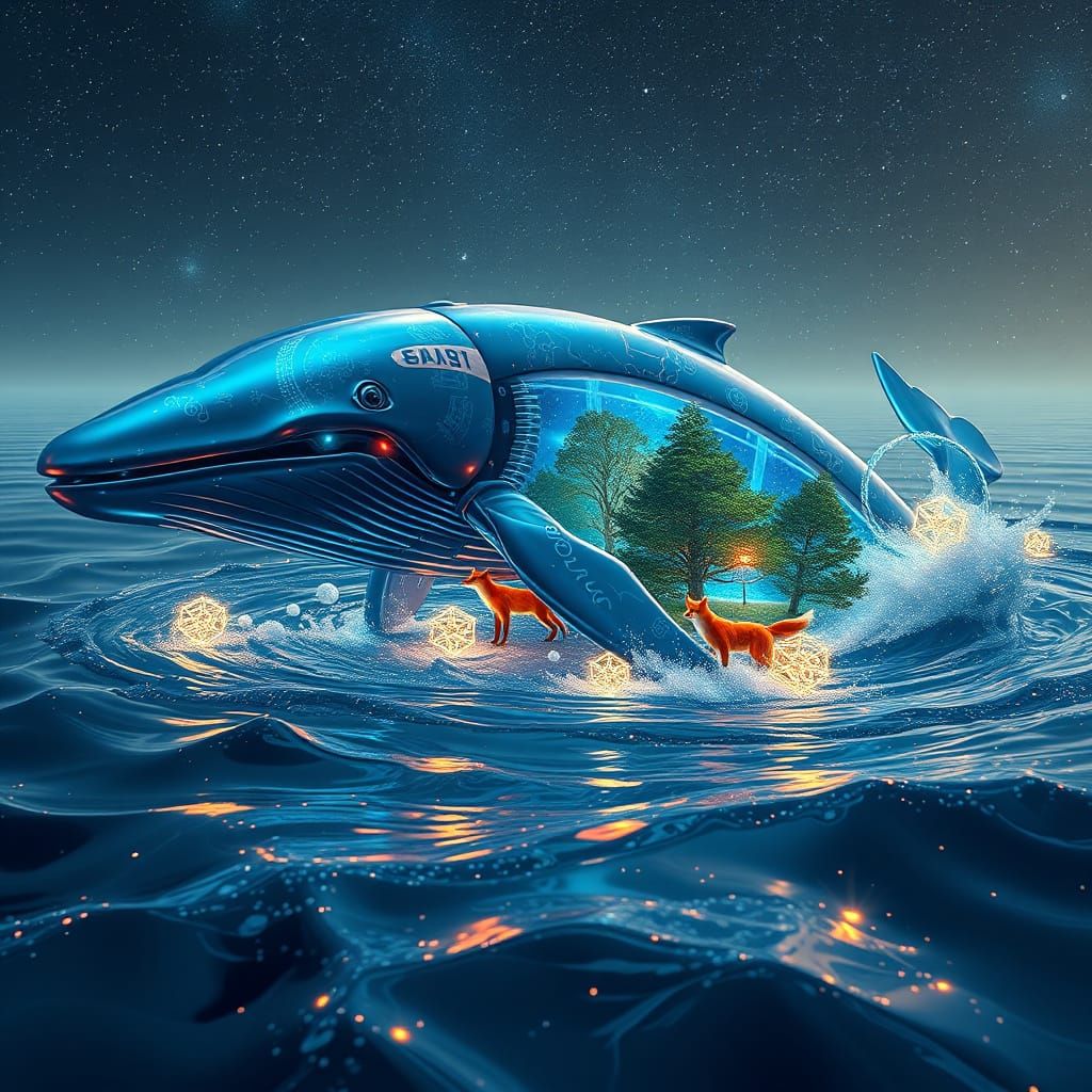 Cybernetic Whale Breaks Through Liquid Glass in a Cosmic Dan...