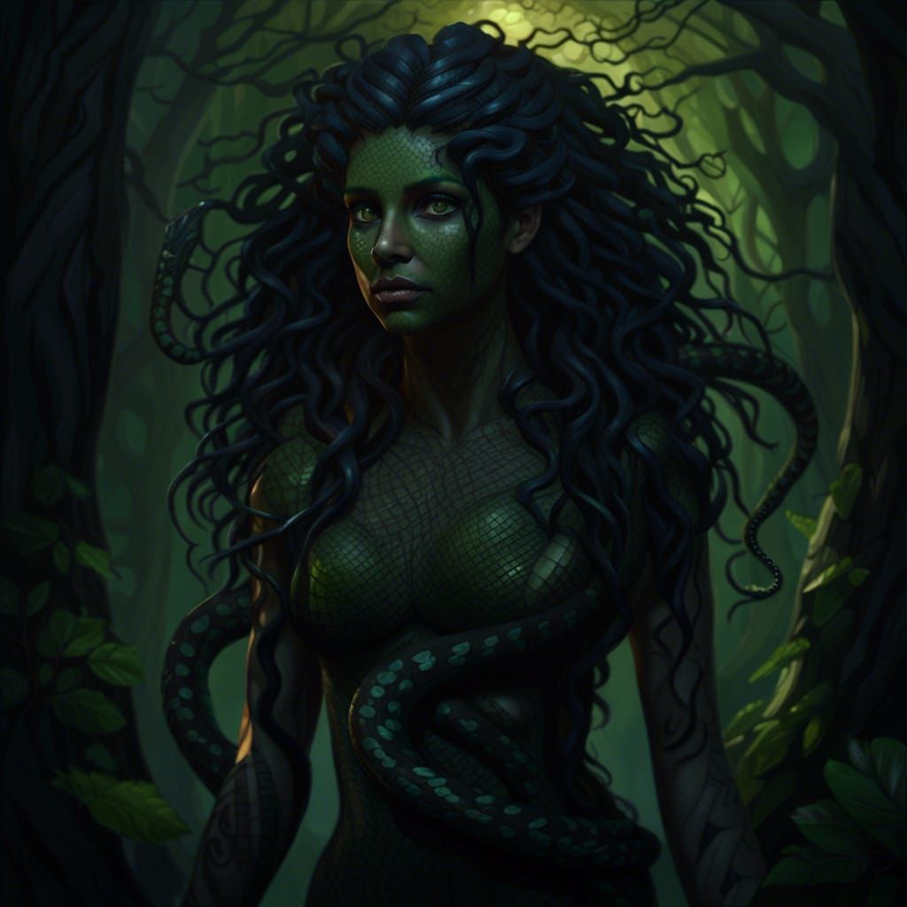 Gloomy Forest Dryad with Snake Hair, Dark Fantasy Art