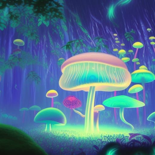 Psychedelic Glowing Mushrooms and Giant Mouse in Anime Style