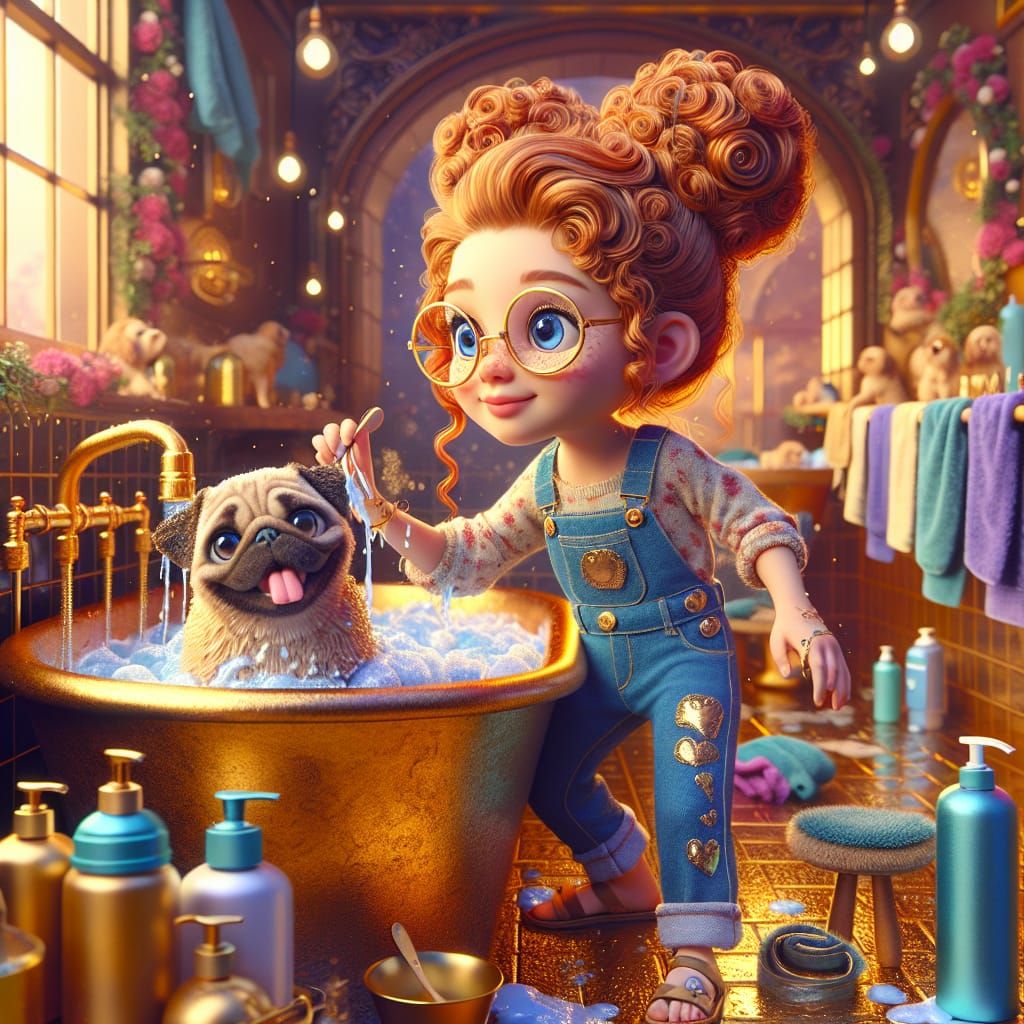 "photorealistic" 3D 24K whimsical 7 year old girl with long red curly hair, big blue eyes and round glasses. today her