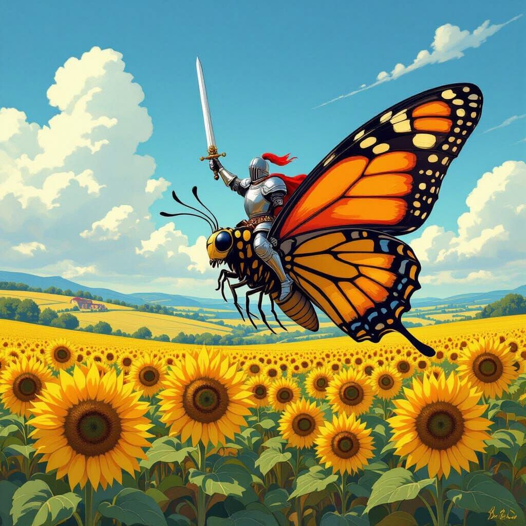 Knight on Armored Butterfly in Whimsical Fantasy Art