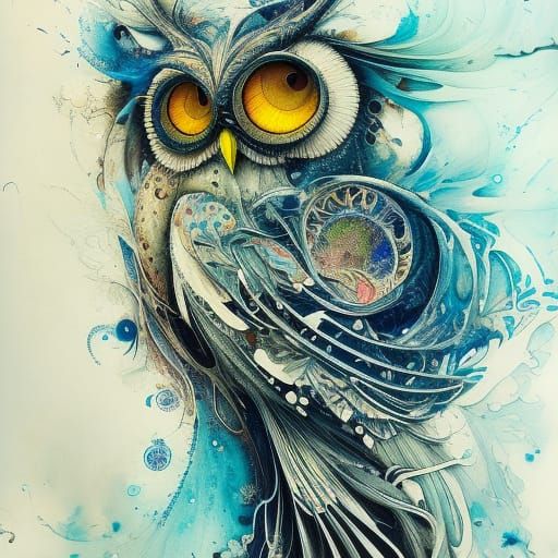 Detailed White Ink Owl with Blue Eyes