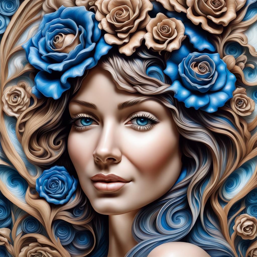 Water Sculpture of Woman with Blue Roses