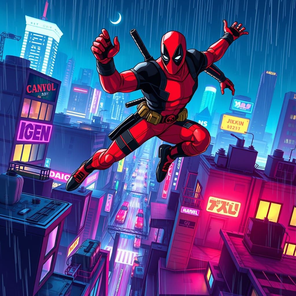 Deadpool Leaping Over Neon Cityscape Anime Style