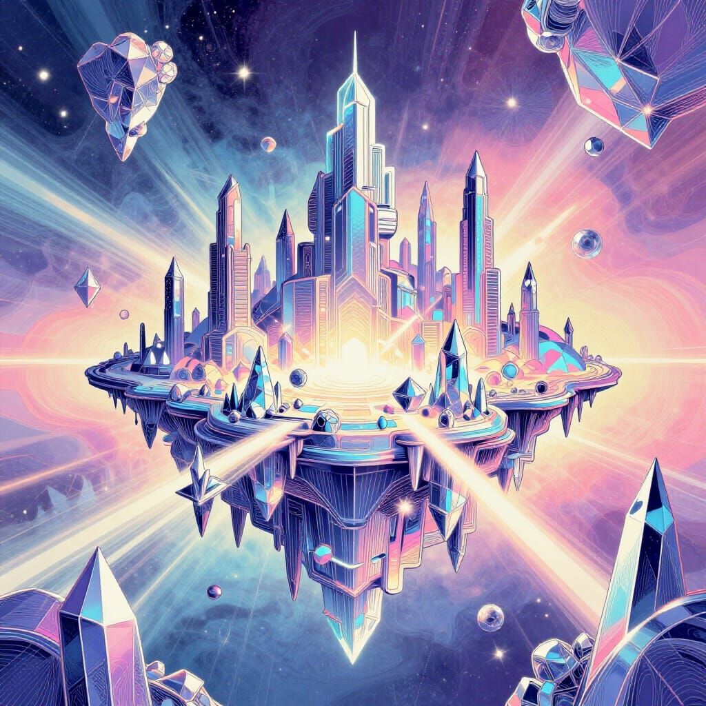 Futuristic Floating City in Abstract Space with Neon Gradien...