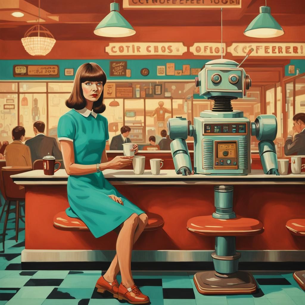 Woman with bangs and retro 60's dress and retro robot are in...