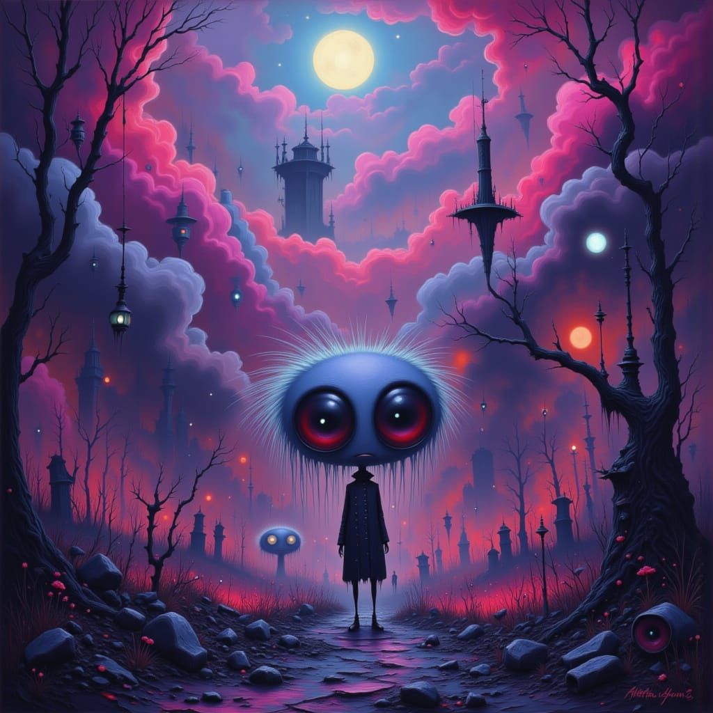 Surreal Dreamscape in Neon Cyberpunk Style