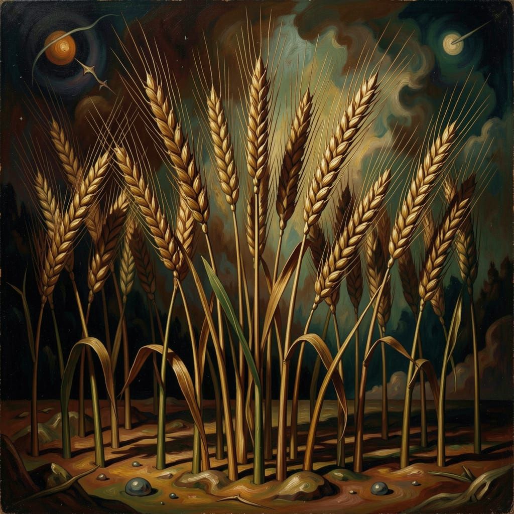 Surreal Oil Painting of Wheat Stalks in Chiaroscuro