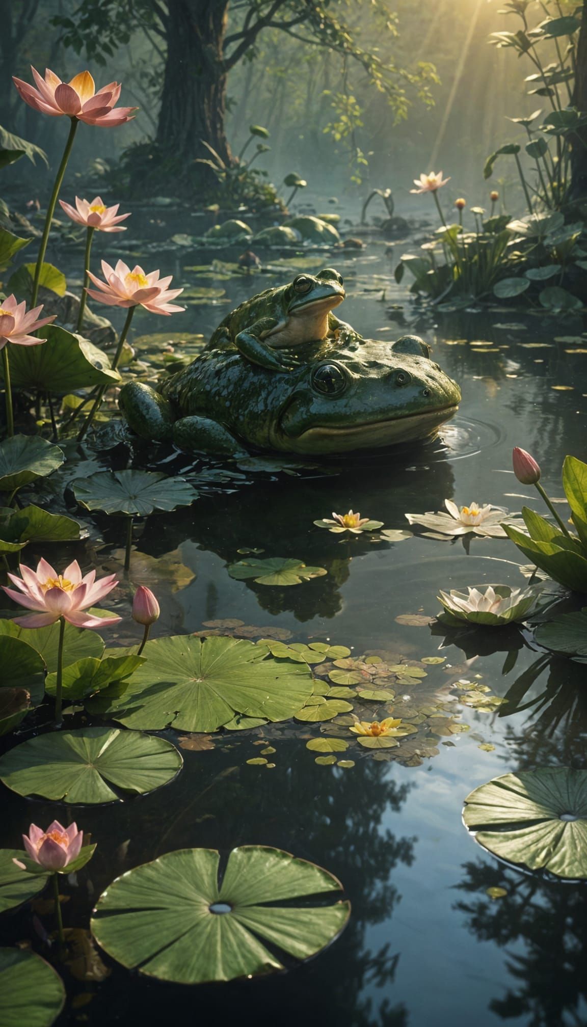 Peaceful Lotus Pond Scene in Vibrant Digital Painting
