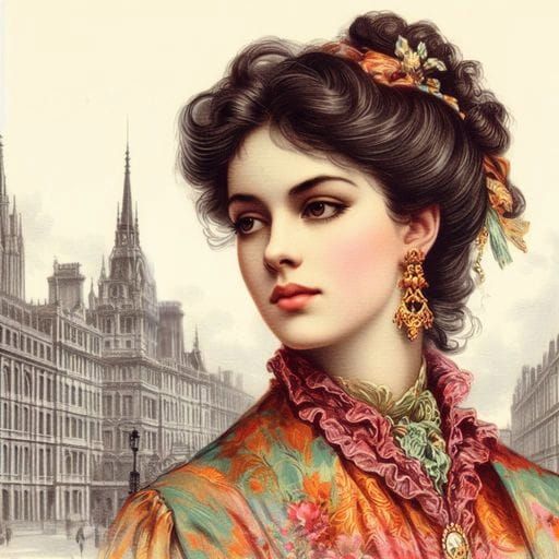 Elegant Woman in 1880s London Street Scene