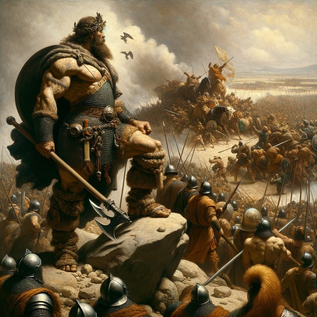 Barbarian Oversees Battle in Baroque Painting Style