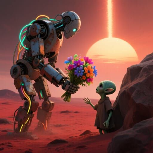 Robot Offers Flowers to Alien Child on Binary Sunset Planet