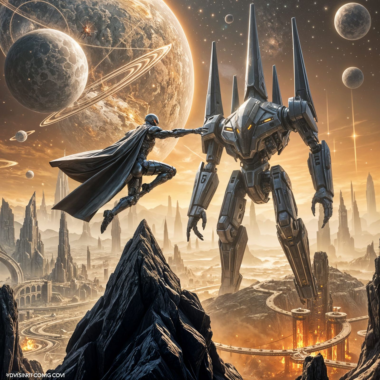 Cyborg Warrior Leaps into Battle amidst a Sci-Fi Cityscape