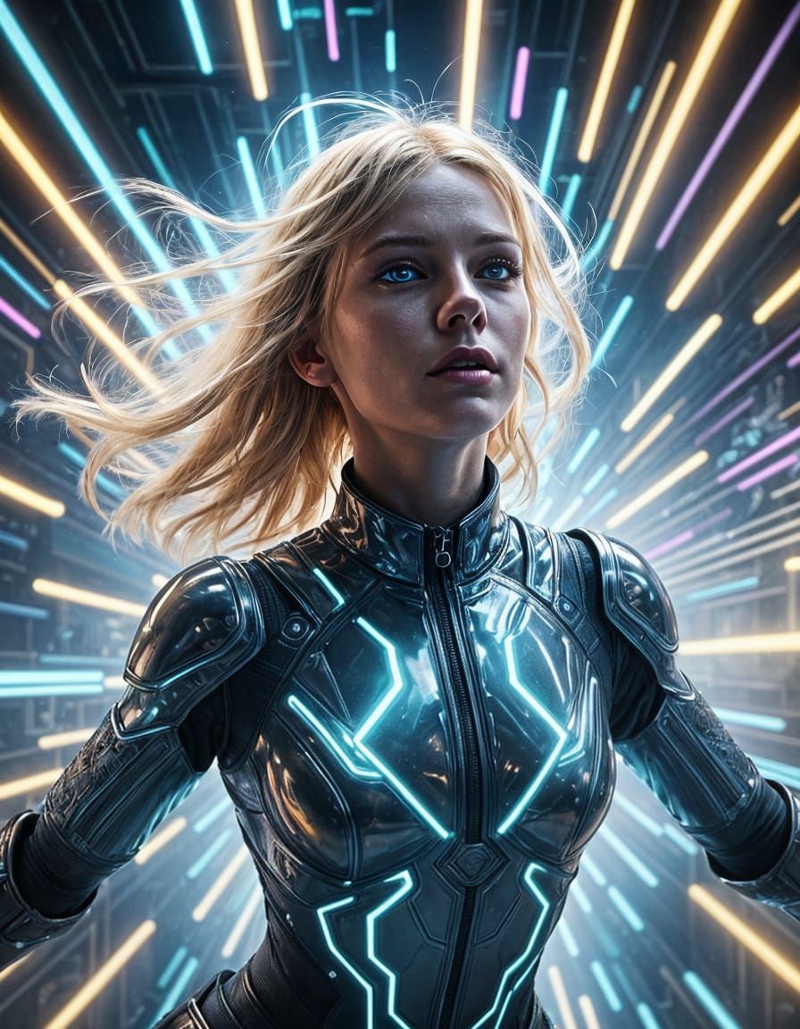 Levitating Blonde Woman in Neon Light, Hyperdetailed Render