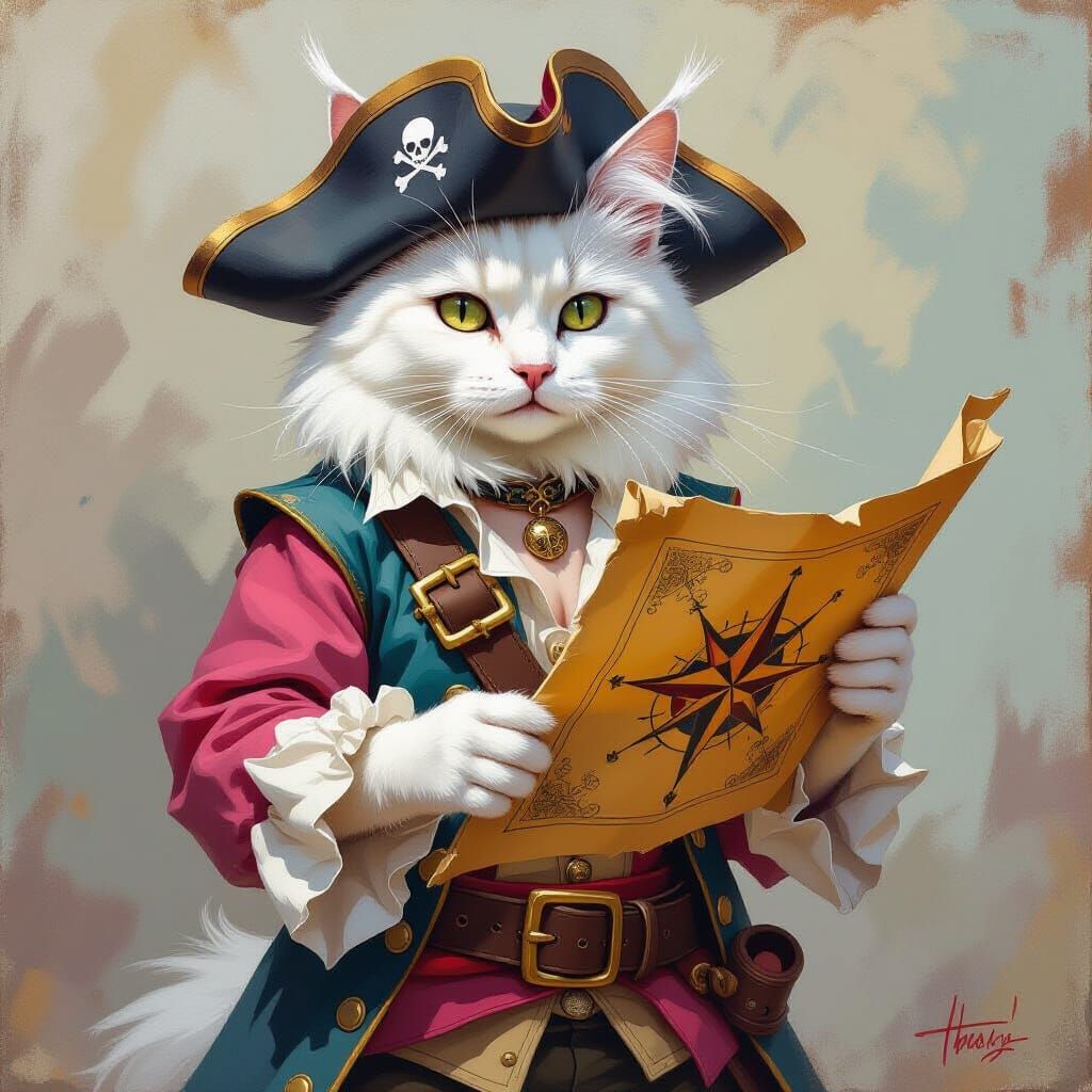 Pirate Cat Treasure Map in Impressionist Painting Style