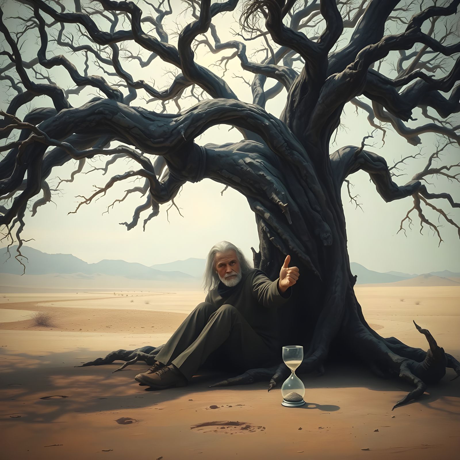 Mystical Scholar Contemplates Existence Beneath Ancient Tree