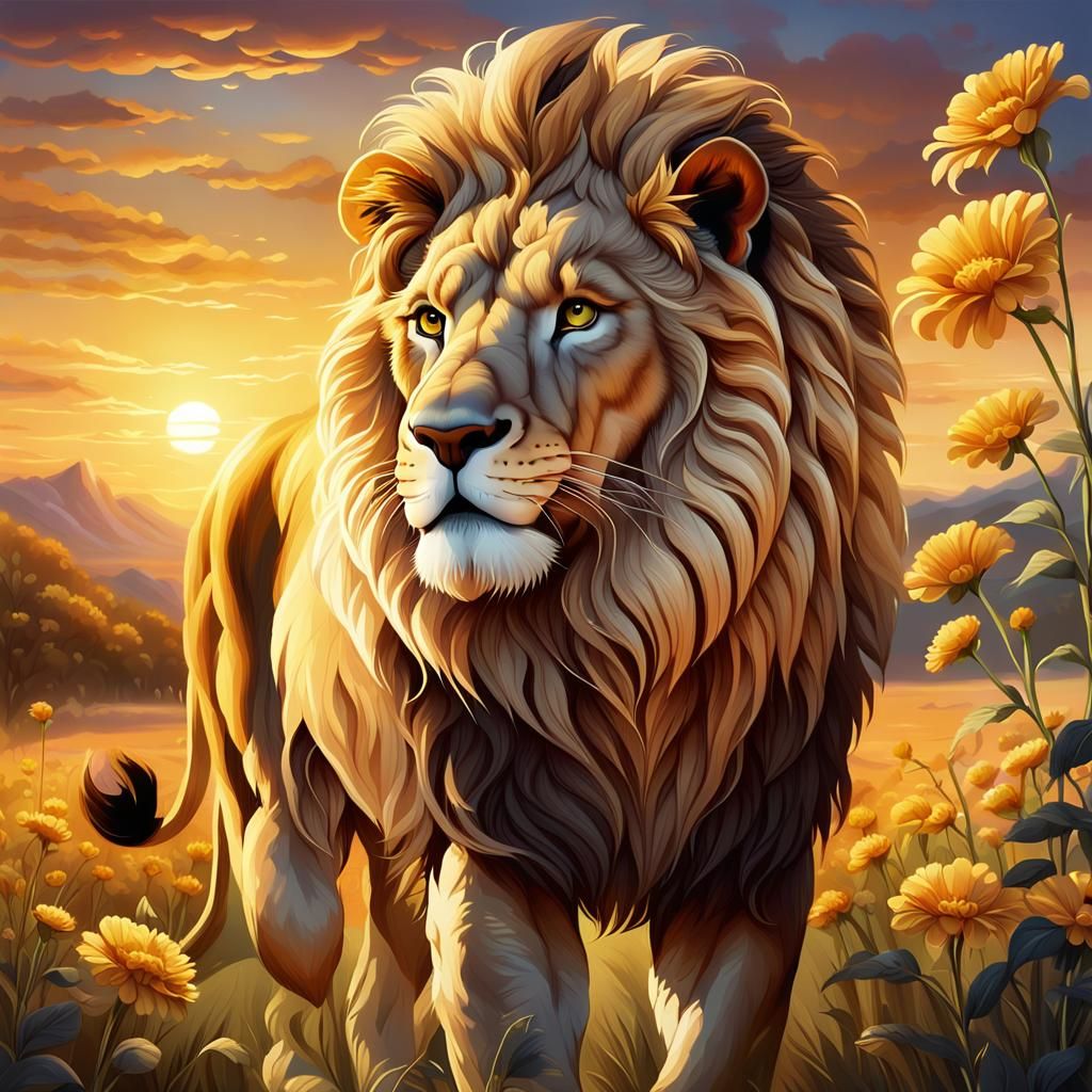 Golden Lion in Floral Field: Realistic Fantasy Art
