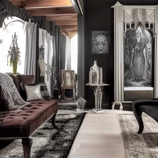 Capricorn Gothic themed penthouse with Earthy tones& Silver frames& Black accents& Black Gothic furniture with Silver fr...