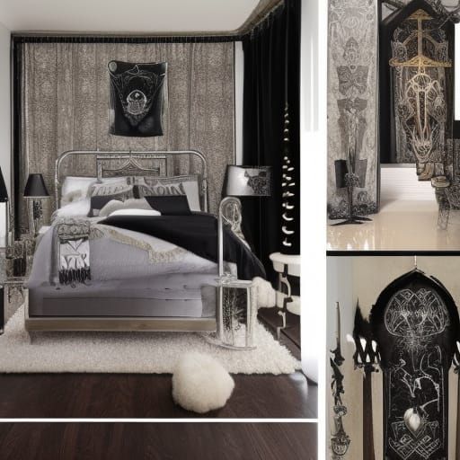 Capricorn Gothic themed penthouse with Earthy tones& Silver frames& Black accents& Black Gothic furniture with Silver fr...