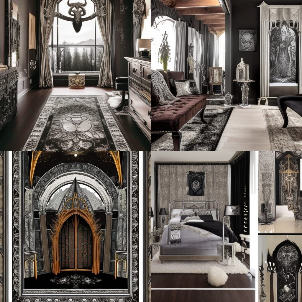 Capricorn Gothic themed penthouse with Earthy tones& Silver frames& Black accents& Black Gothic furniture with Silver fr...