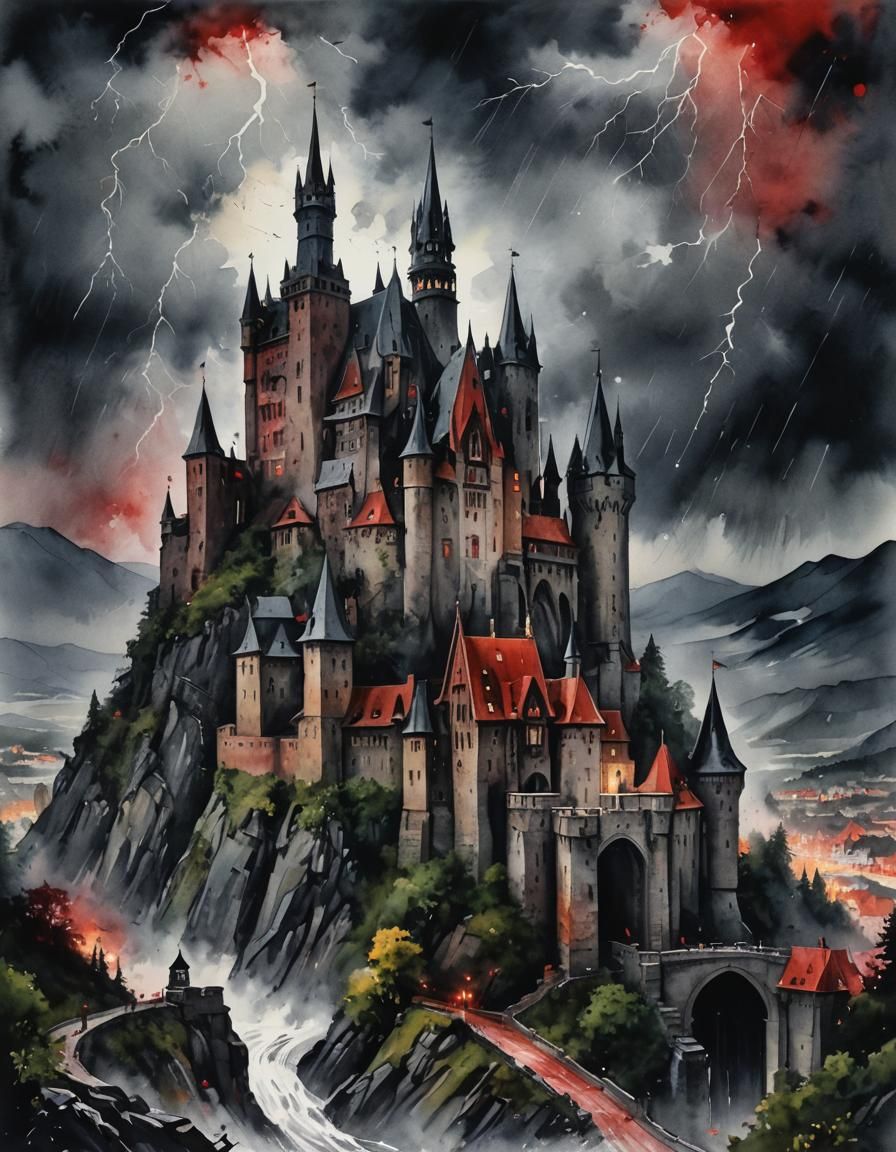Dracula's Castle in Abstract Watercolor Art