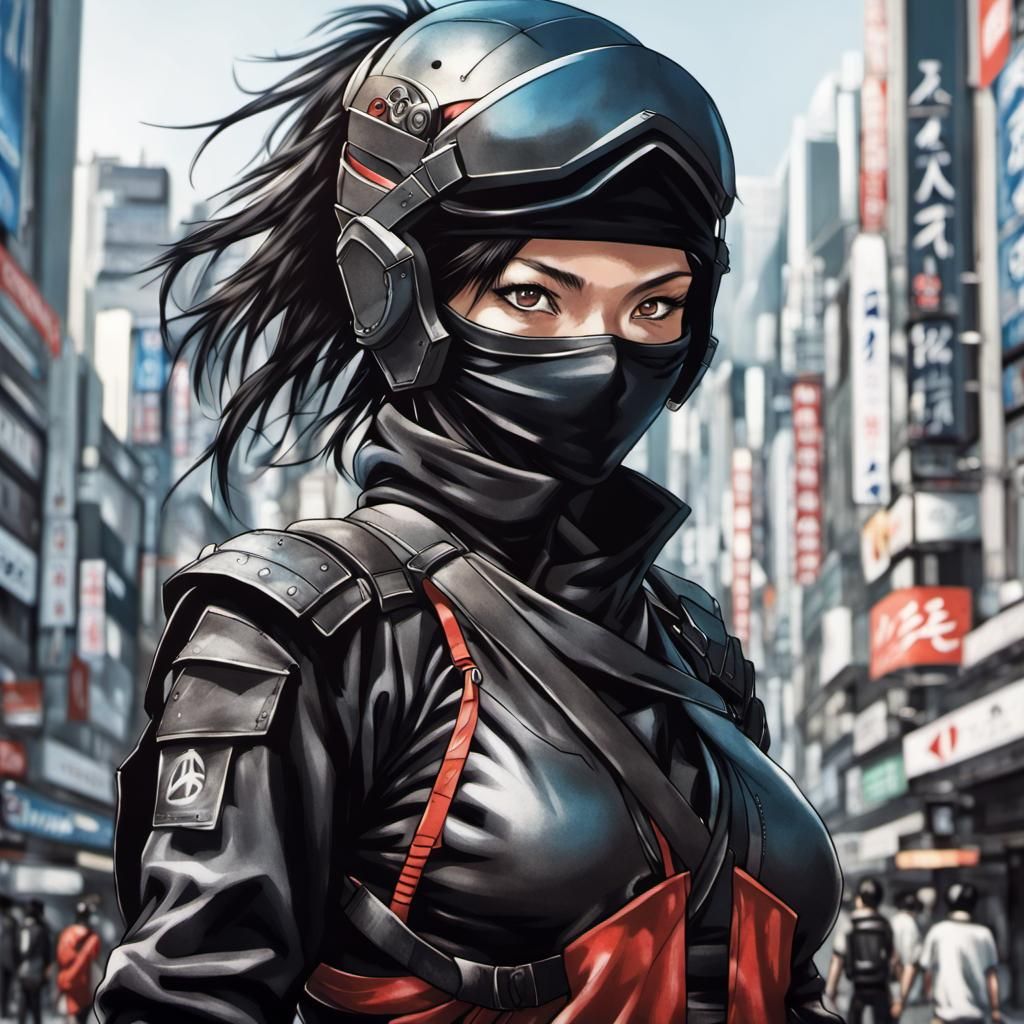 Futuristic Ninja in Tokyo, Hand-Drawn Style