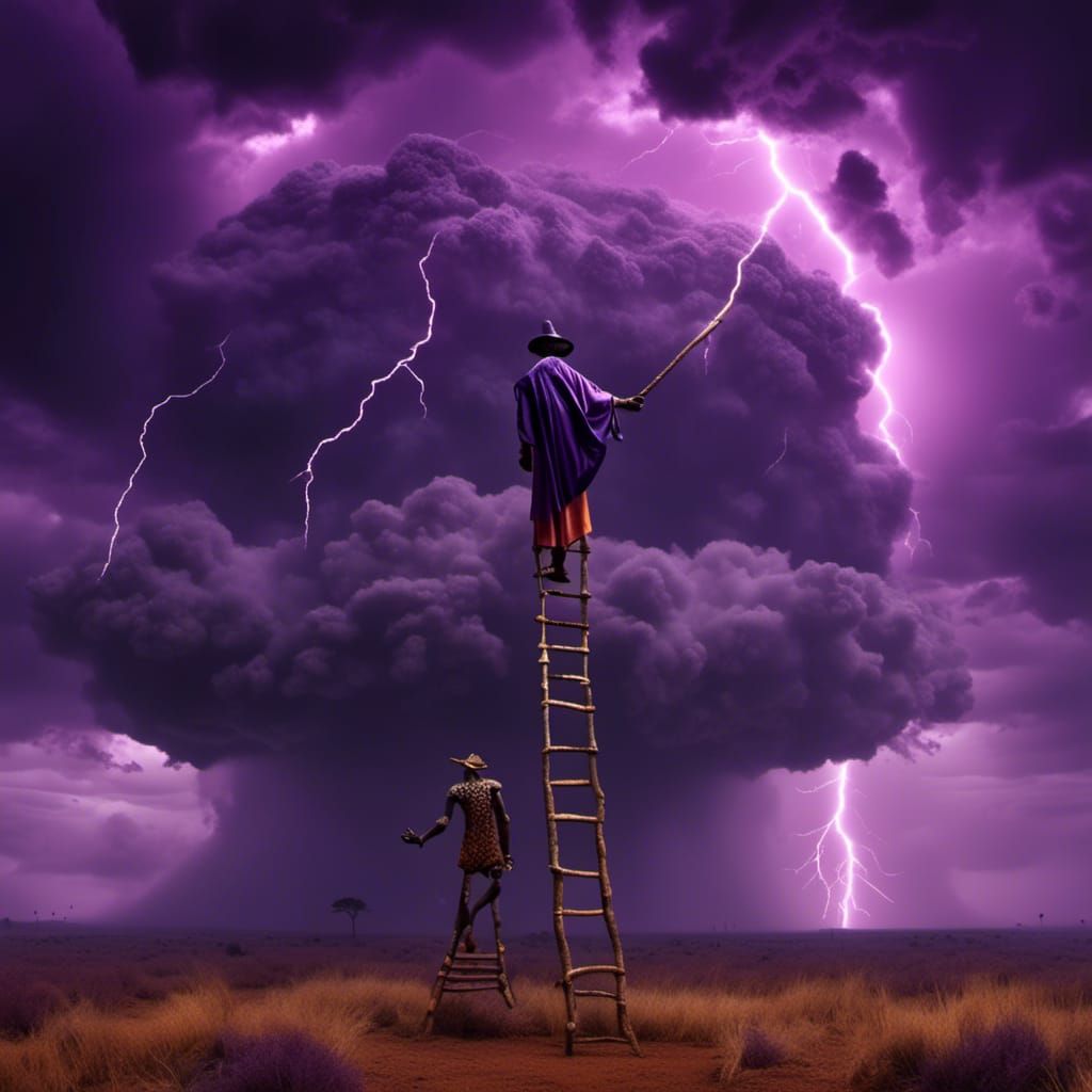 African Witch Doctor Climbing to Storm Cloud in Magic Realis...