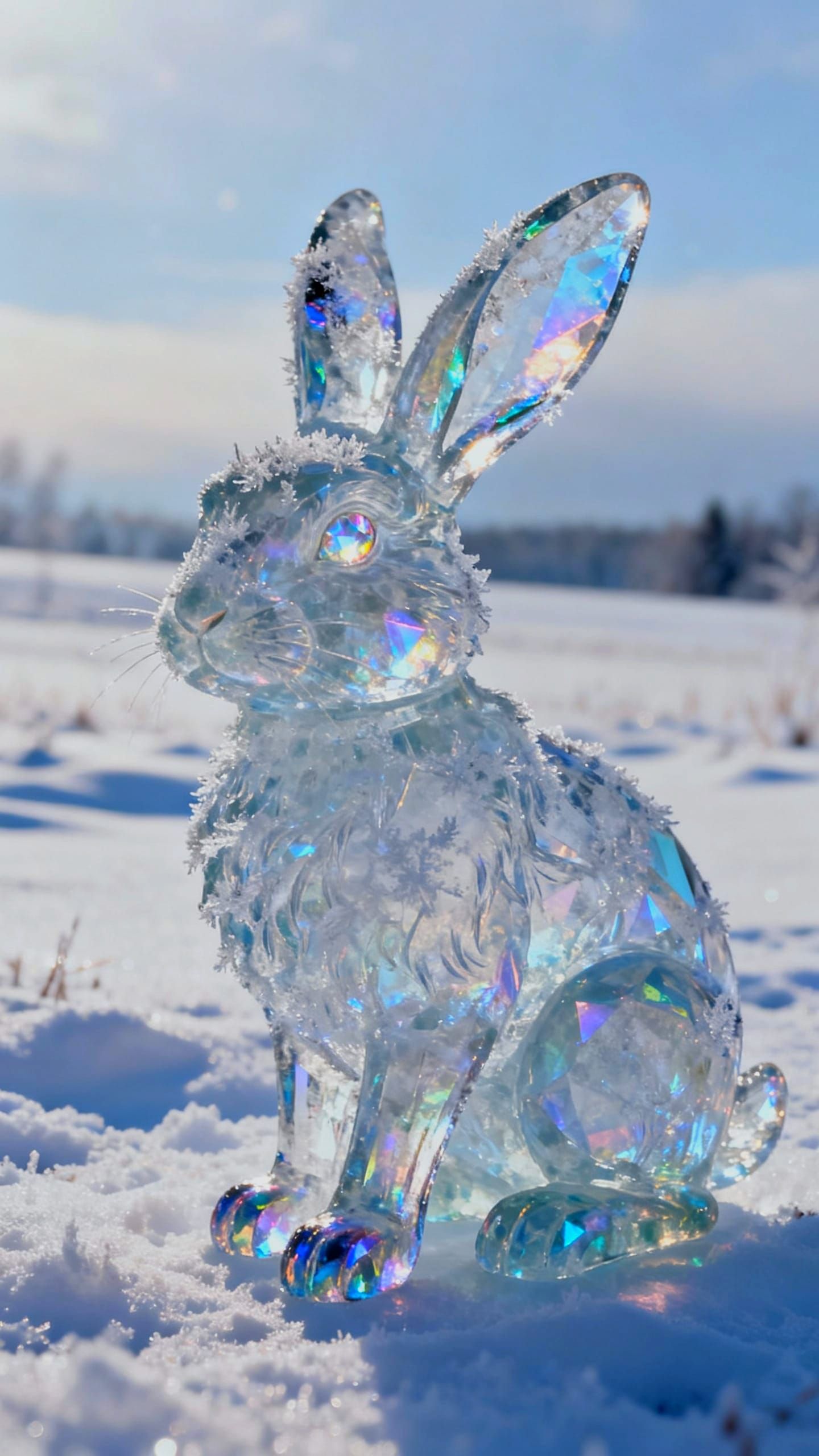 Iridescent Ice Rabbit with Glowing Eyes in Snowy Field