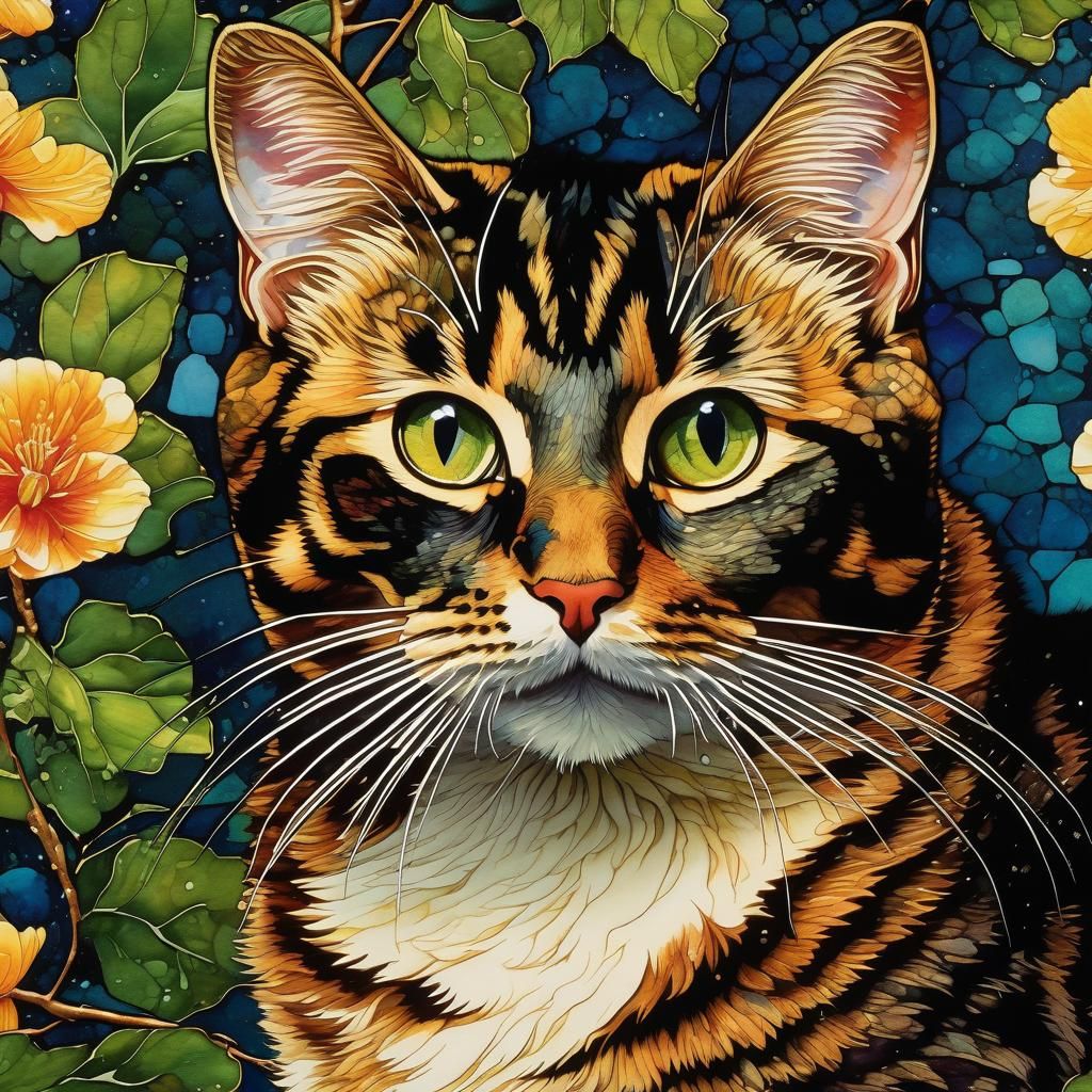 Playful Cat Portrait in Alcohol Ink Style