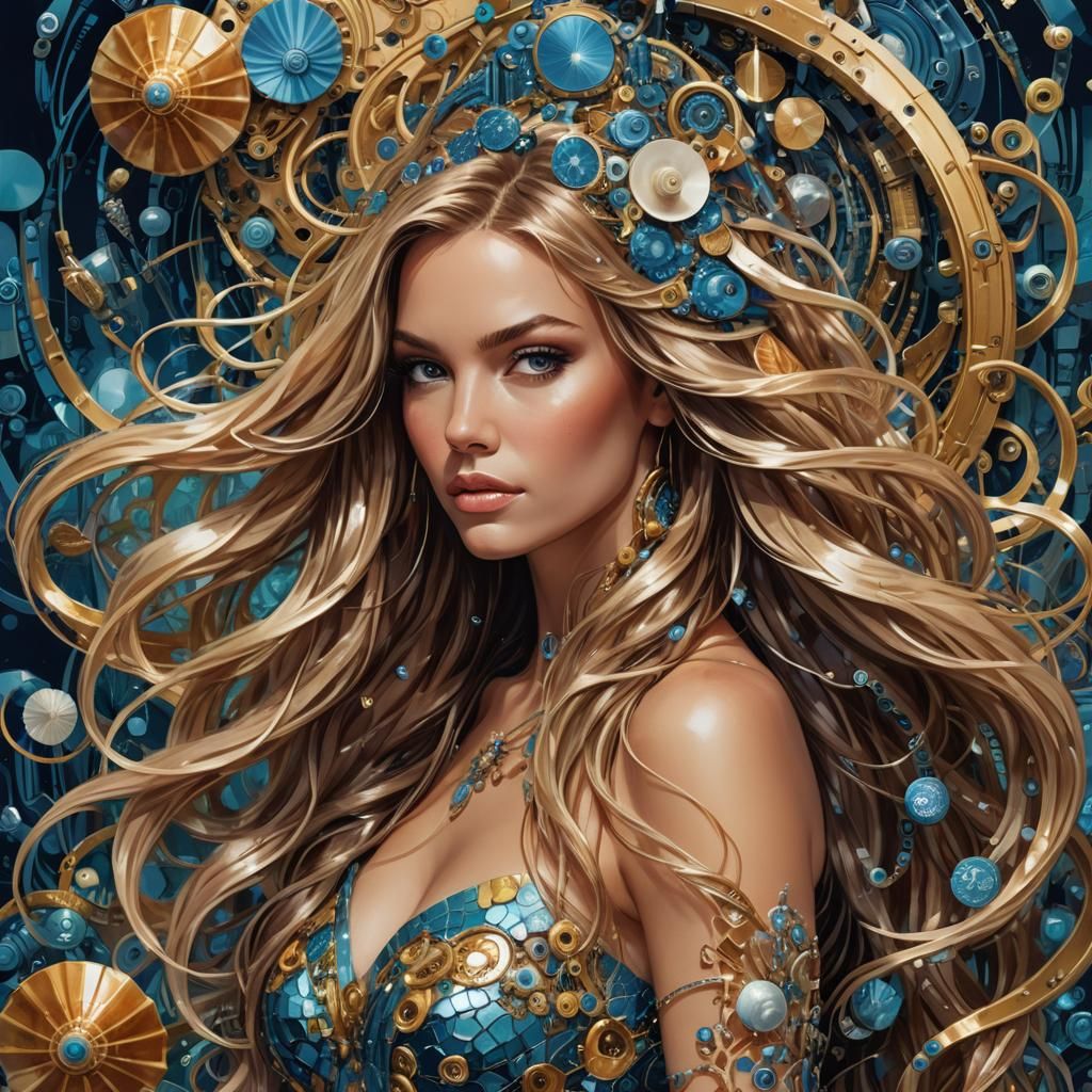 Mermaid Model with Mirrorsian Computer, Hyperrealistic Art