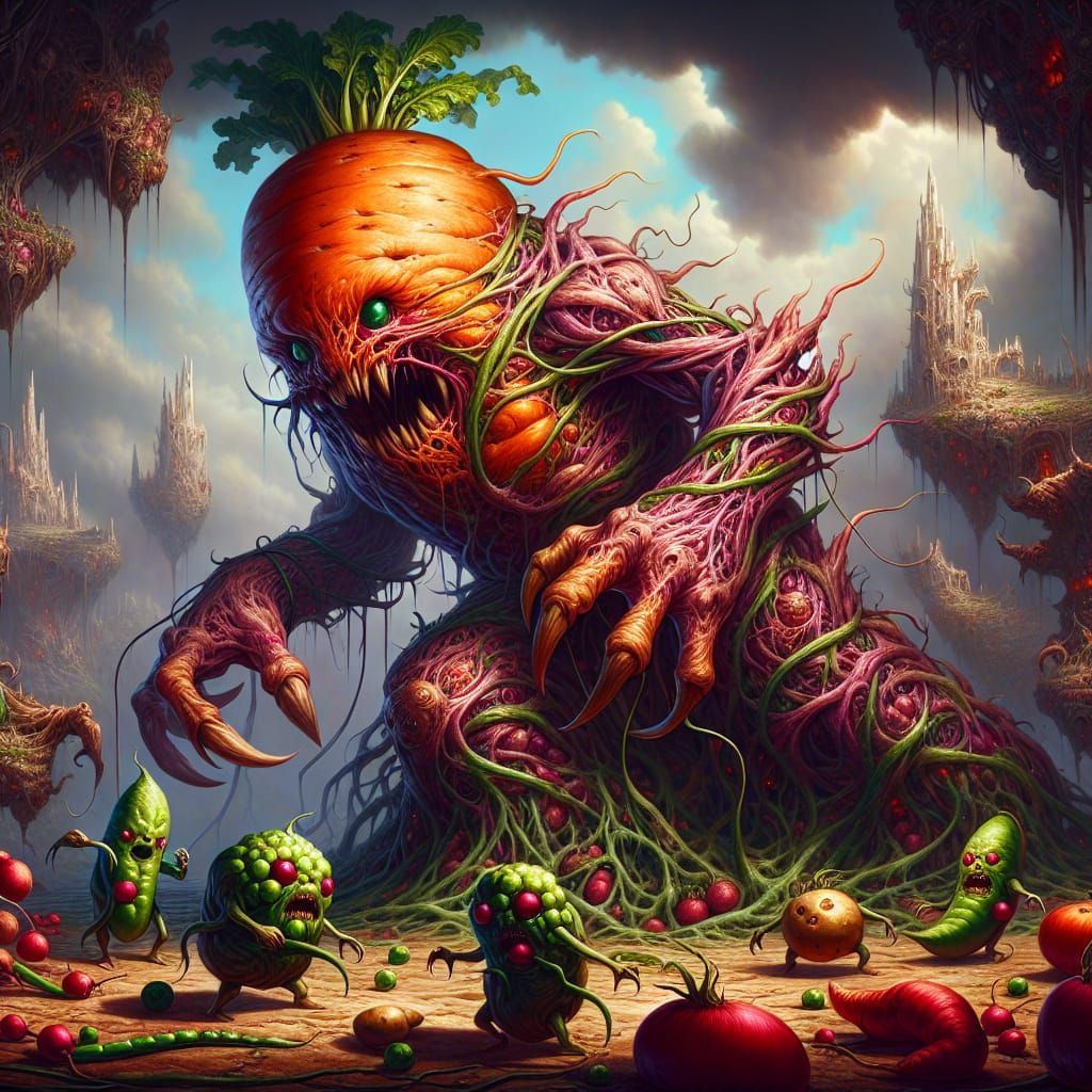Terrifying Carrot Monster Devouring Vegetables, Matte Painti...